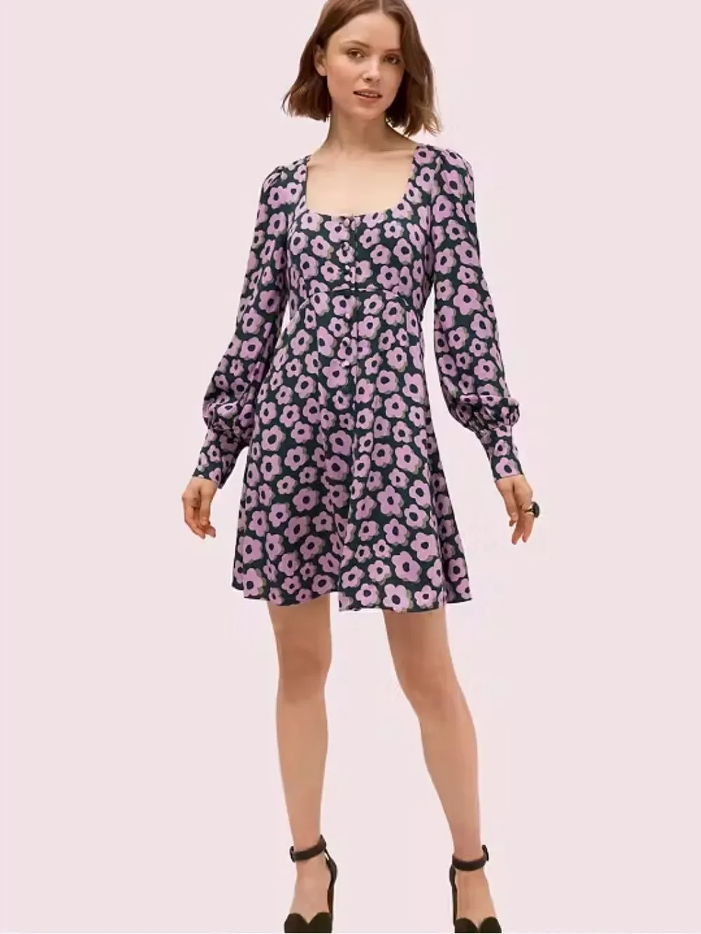 kate spade Black Dress with Purple Floral Print, Square Neck Mini